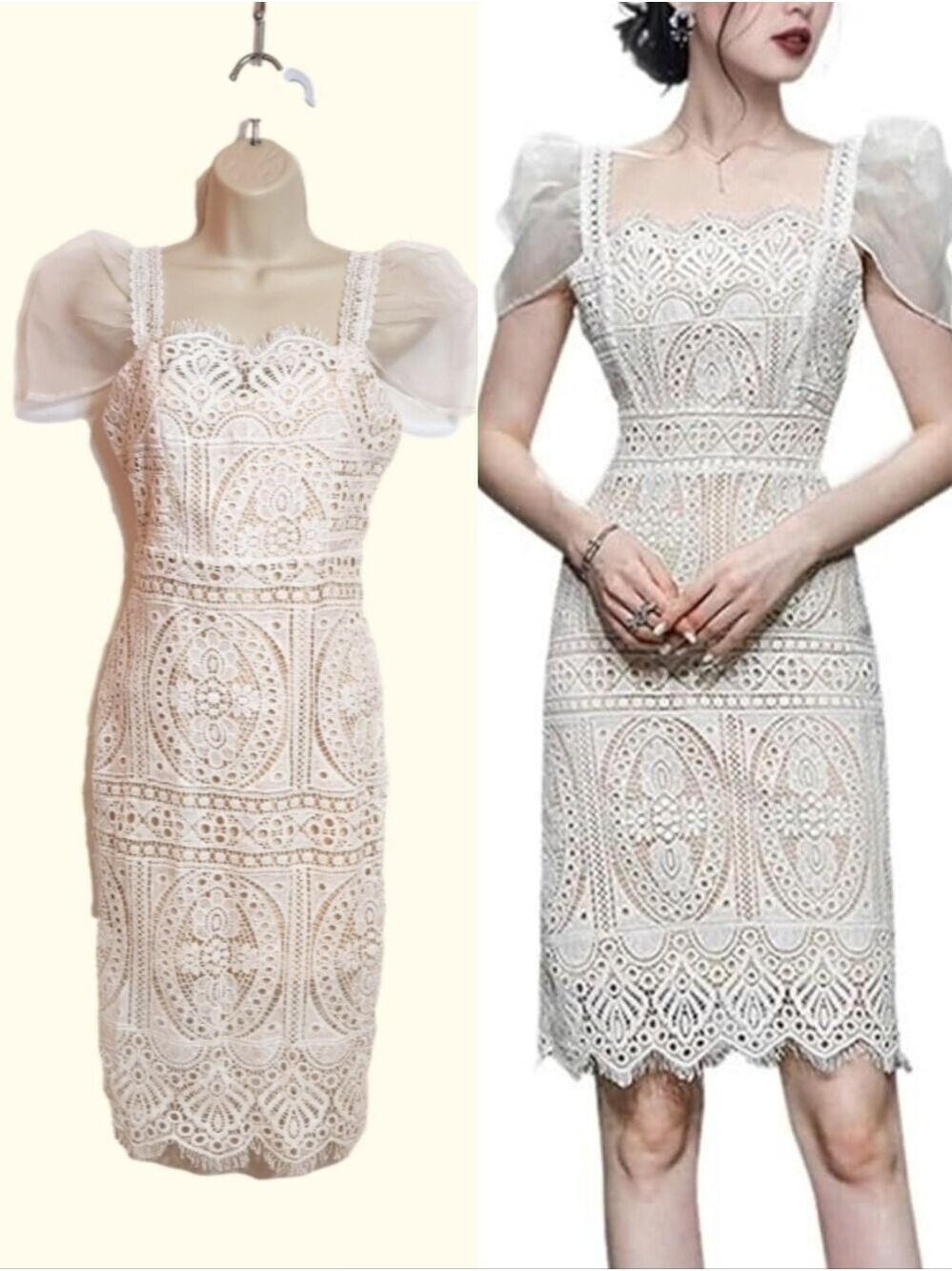 White Lace Puff Sleeve Midi Dress Small